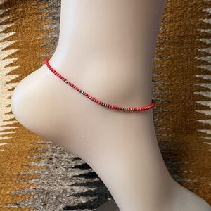 9 inch red coral & sterling silver bead anklet
